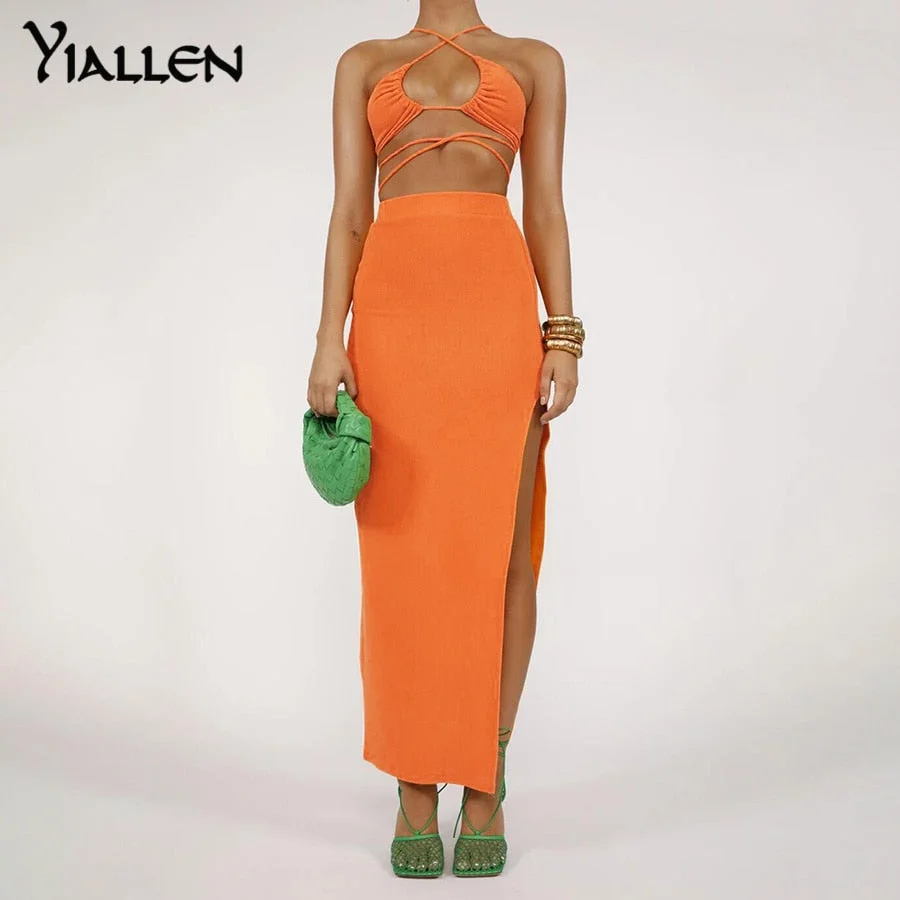Yiallen Summer New Camisole Two Piece Skirt Set Fashion Casual Party Vacation Beach Solid Rib Knit Long Skirt Set Hot Sale