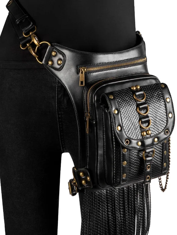 Gothic Bag Black PU Leather Rivets Fringe Cross-body Bag  Novameme
