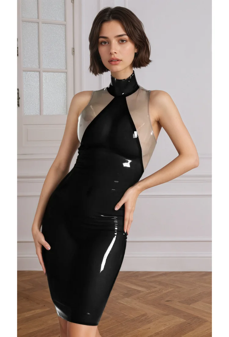 Women Latex Dress Transparent Trim Black