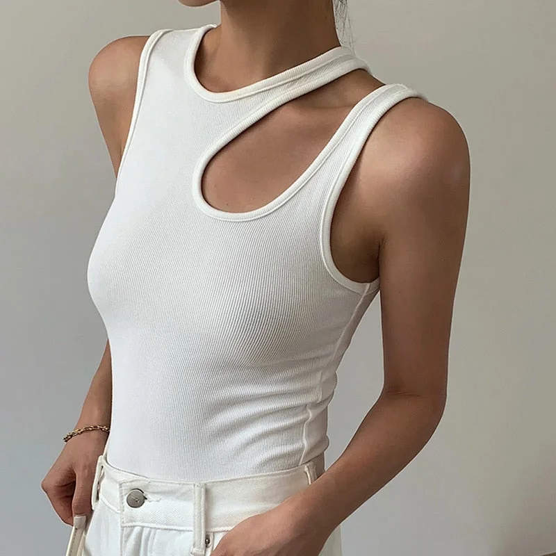 Casual y2k White Cut Out Women's T Shirt Sleeveless Slim T Shirts Female Clothing 2022 Summer Fashion crop top women camisetas
