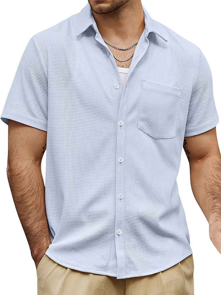 Men's Hawaiian Waffle Solid Color Short Sleeve Shirt