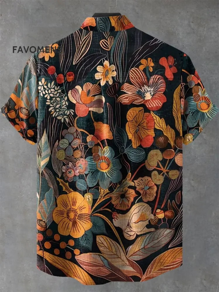 Vintage Flower Art Print Casual 100% Cotton Shirt