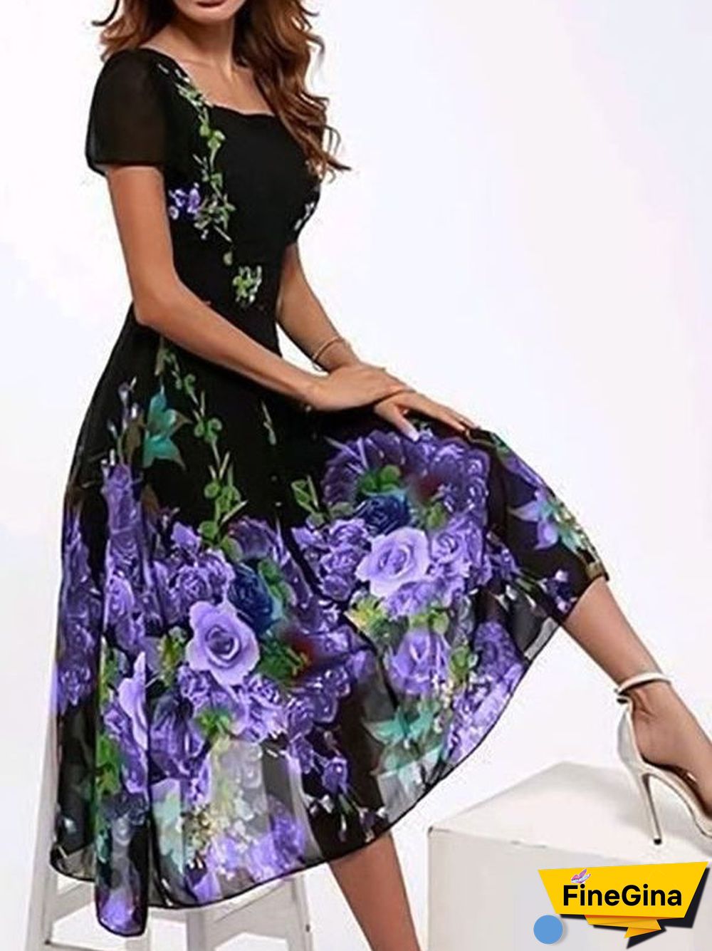 Women's Short Sleeve Square Collar Graphic Floral Printed Maxi Dress