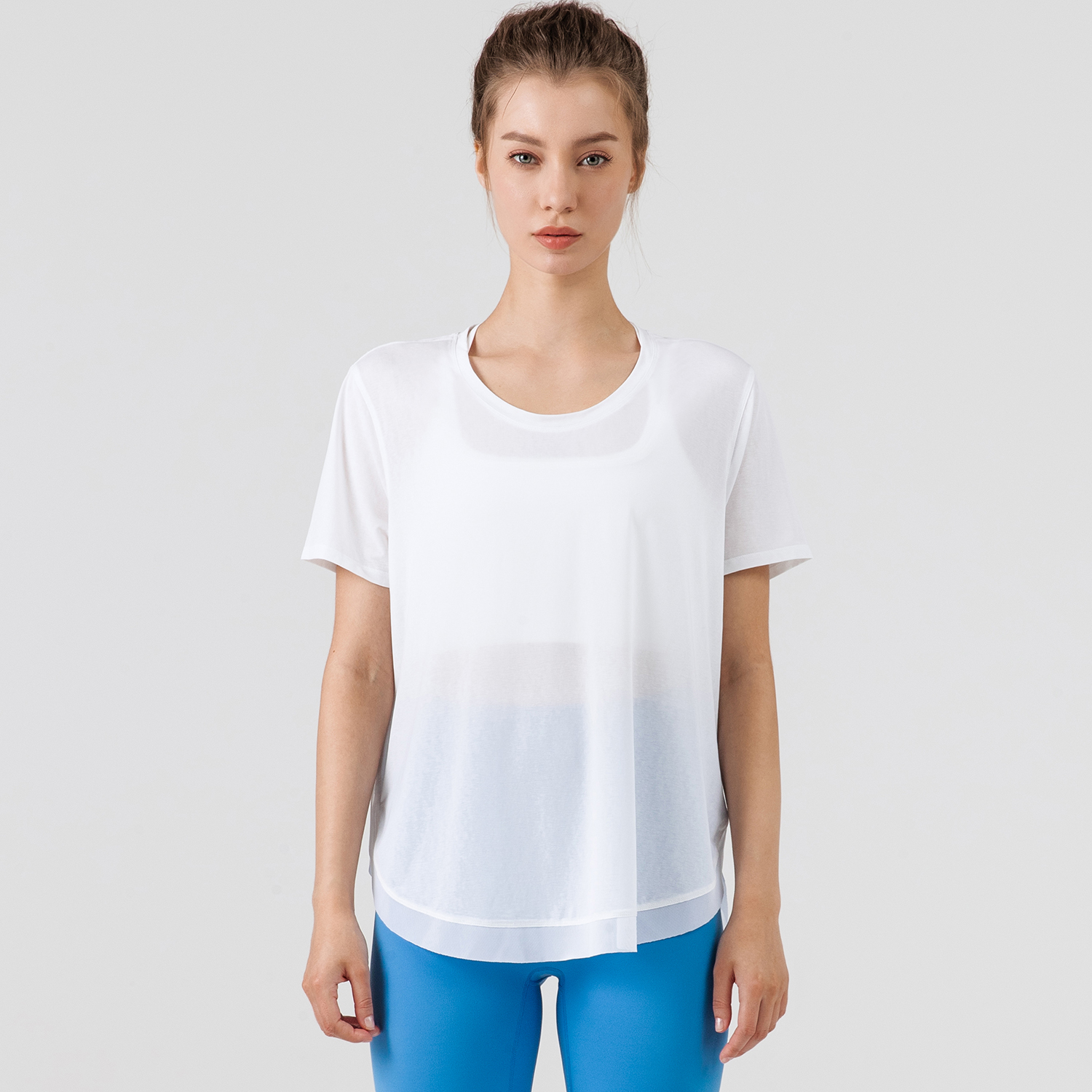 Hergymclothing White round neck loose fitting quick dry soft comfy lightweight see through transparent mesh yoga gym tee shirts online shopping