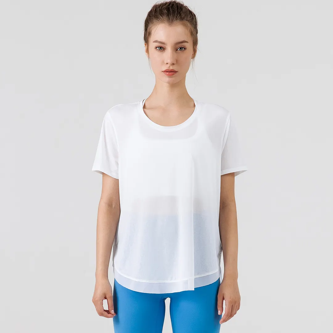 Hergymclothing White round neck loose fitting quick dry soft comfy lightweight see through transparent mesh yoga gym tee shirts online shopping