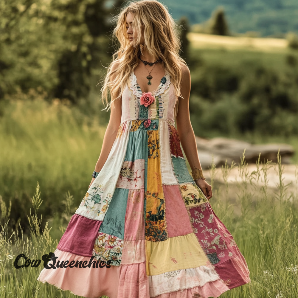 Women’s Vintage Bohemian Floral Comfortable V Neck Dress Pink / S