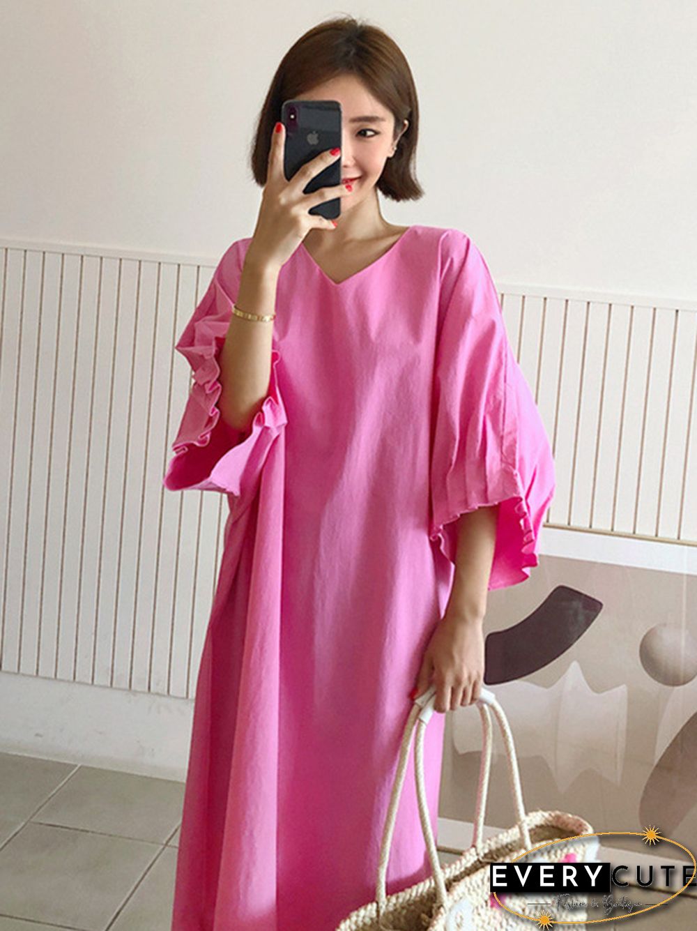 Causal Plus Size Pleated Raglan Sleeve V-Neck Midi Dress