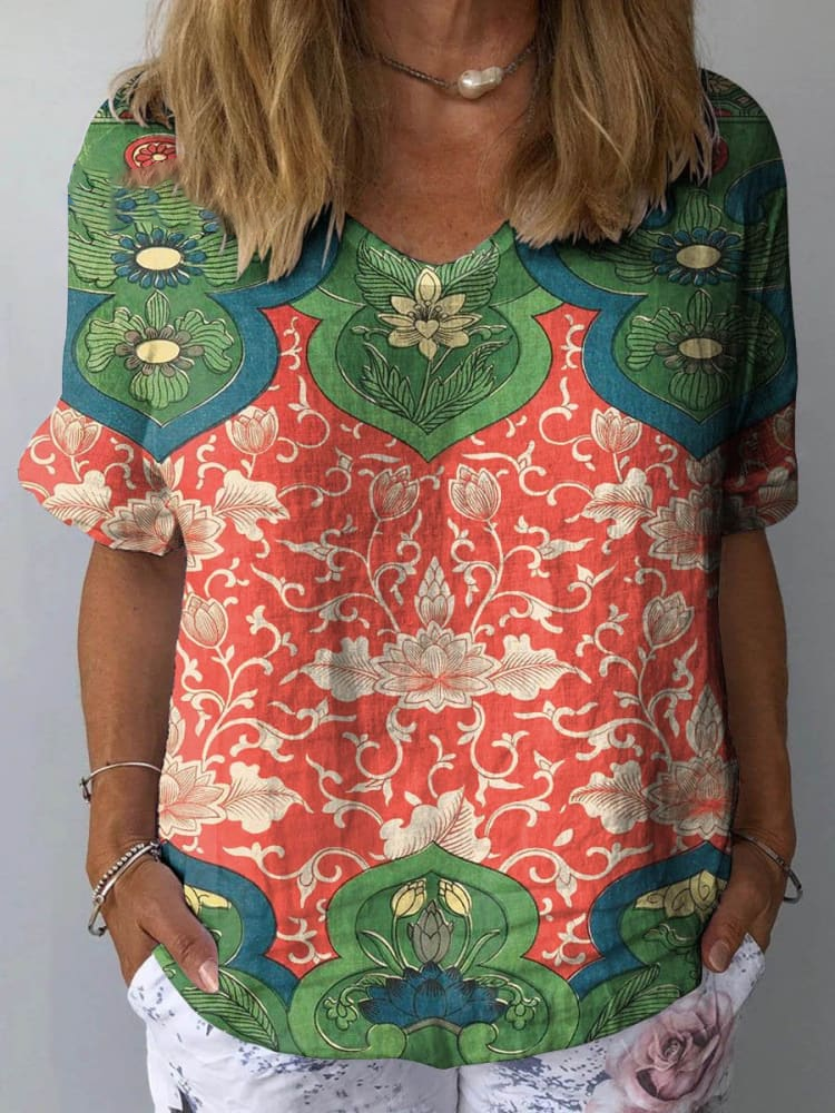 Womens  Retro Flower Pattern Print Cotton And Linen Top