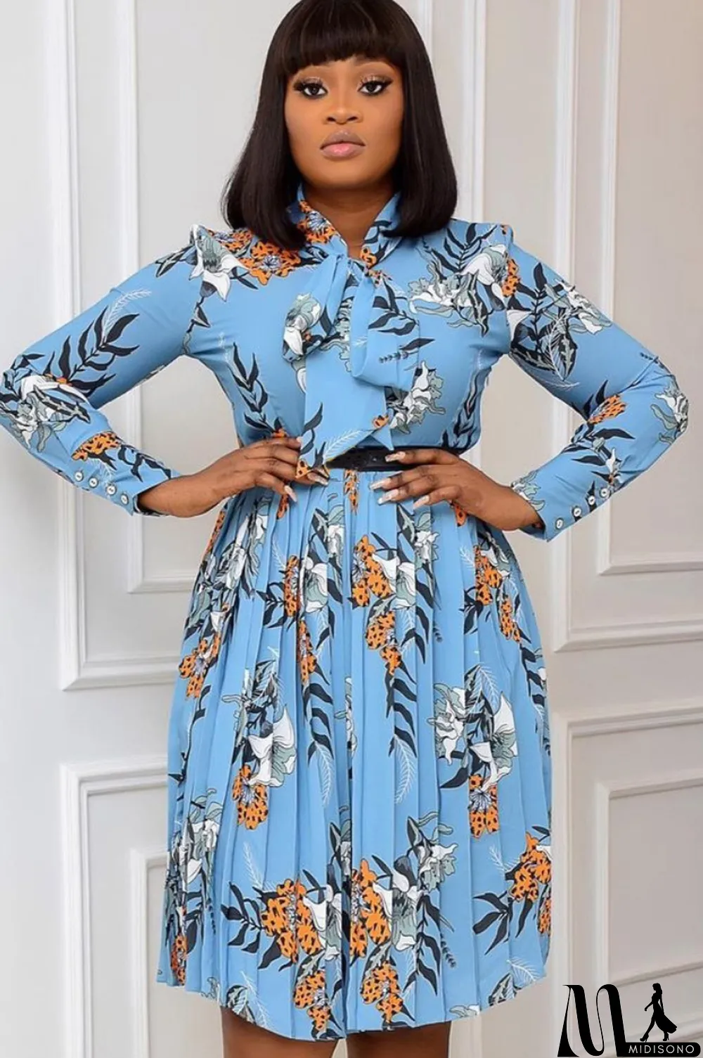 MidiSono - Autumn Office Professional Print Pleated Skater Dress