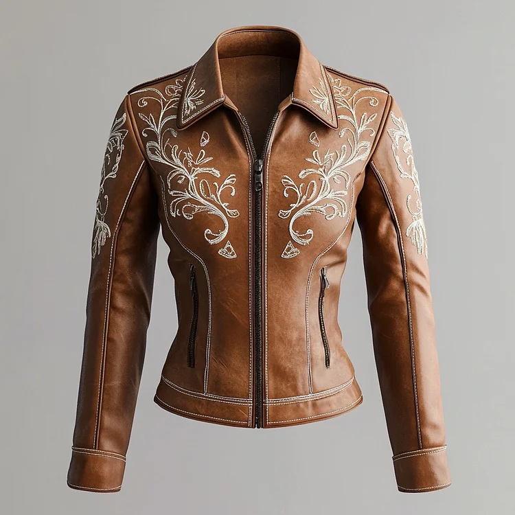 Ursime Plant Embroidery Zipper PU Leather Long Sleeve Jacket