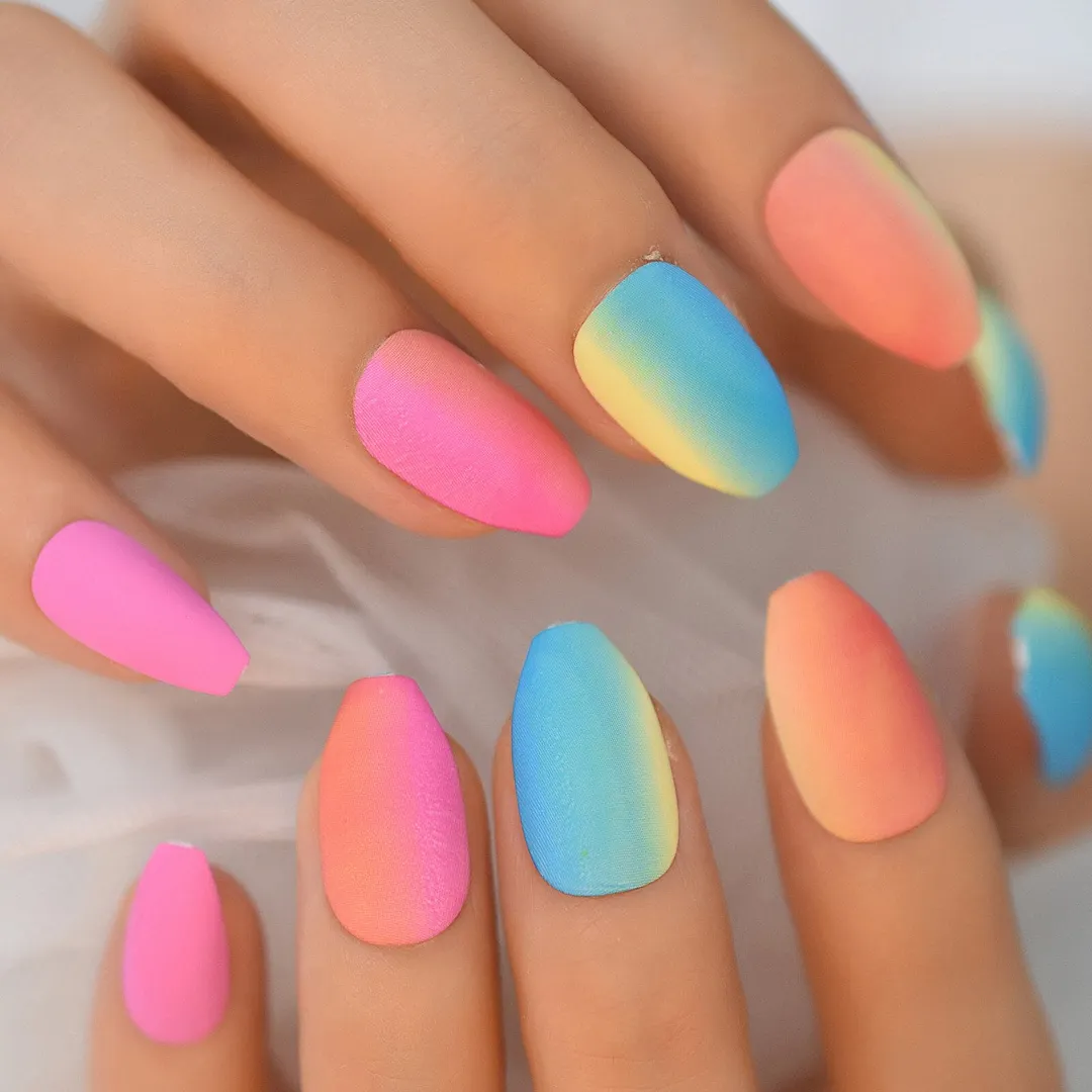 Medium Coffin Rainbow Nails Colorful Neon Mixed Gel Tips Decoration Nails False Hand Dummy Stick On Nails Full Cover Nails IMABC-Nail Inspo