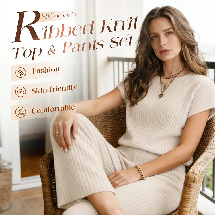 👚 50% OFF NOW! 🌿 Women's Ribbed Knit Top & Wide-Leg Pants Set &ndash; Relaxed Drop-Shoulder, Soft Stretch Fabric & Versatile Two-Piece ✨