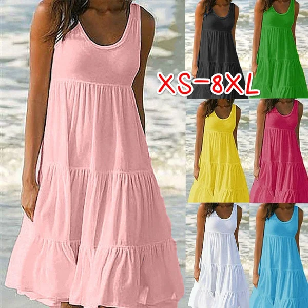 XS-8XL Summer Dresses Plus Size Fashion Clothes Women's Casual Tank Tops Party Beach Wear Loose Dresses Solid Color A-line Skirt Cotton Round Neck Off Shoulder Dress Ladies Pleated Halter Mini Dress Sleeveless Dresses