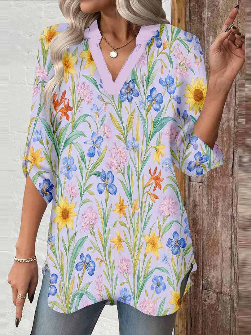 Women Floral,Purple,Yellow DZGA0261 3/4 Sleeve V-neck Printed Graphic Button Tops
