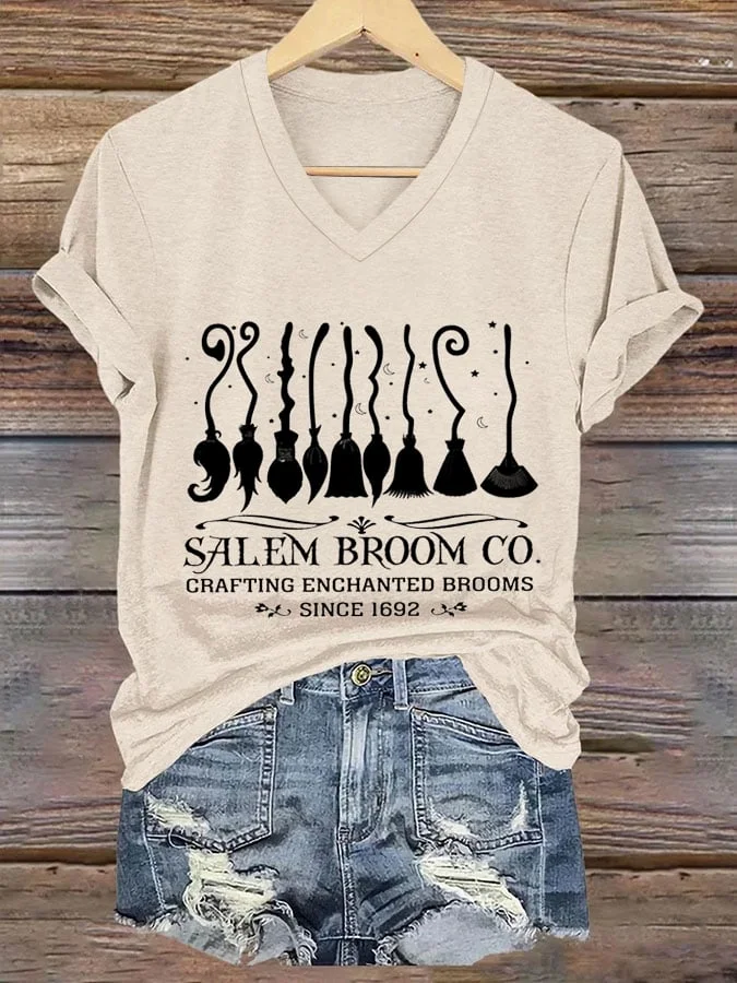 Women's Salem Broom Print V-Neck T-Shirt