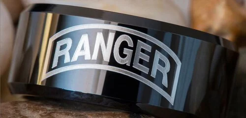 6MM 8MM Women's Or Men's U.S. Army Ranger Black Tungsten Carbide Wedding Rings Military Silver with Black Edges and Laser Etched United States Army Ranger Emblem