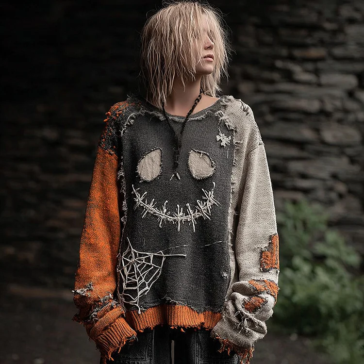 Halloween Spooky Face Patchwork Design Cozy Knit Sweater