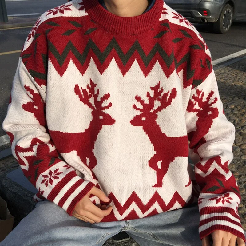 Reindeer Sweaters Women Christmas Sweater Couple Warm Oversize Knitwear Autumn Winter Loose Vintage Sweater Red Pull Femme 2021