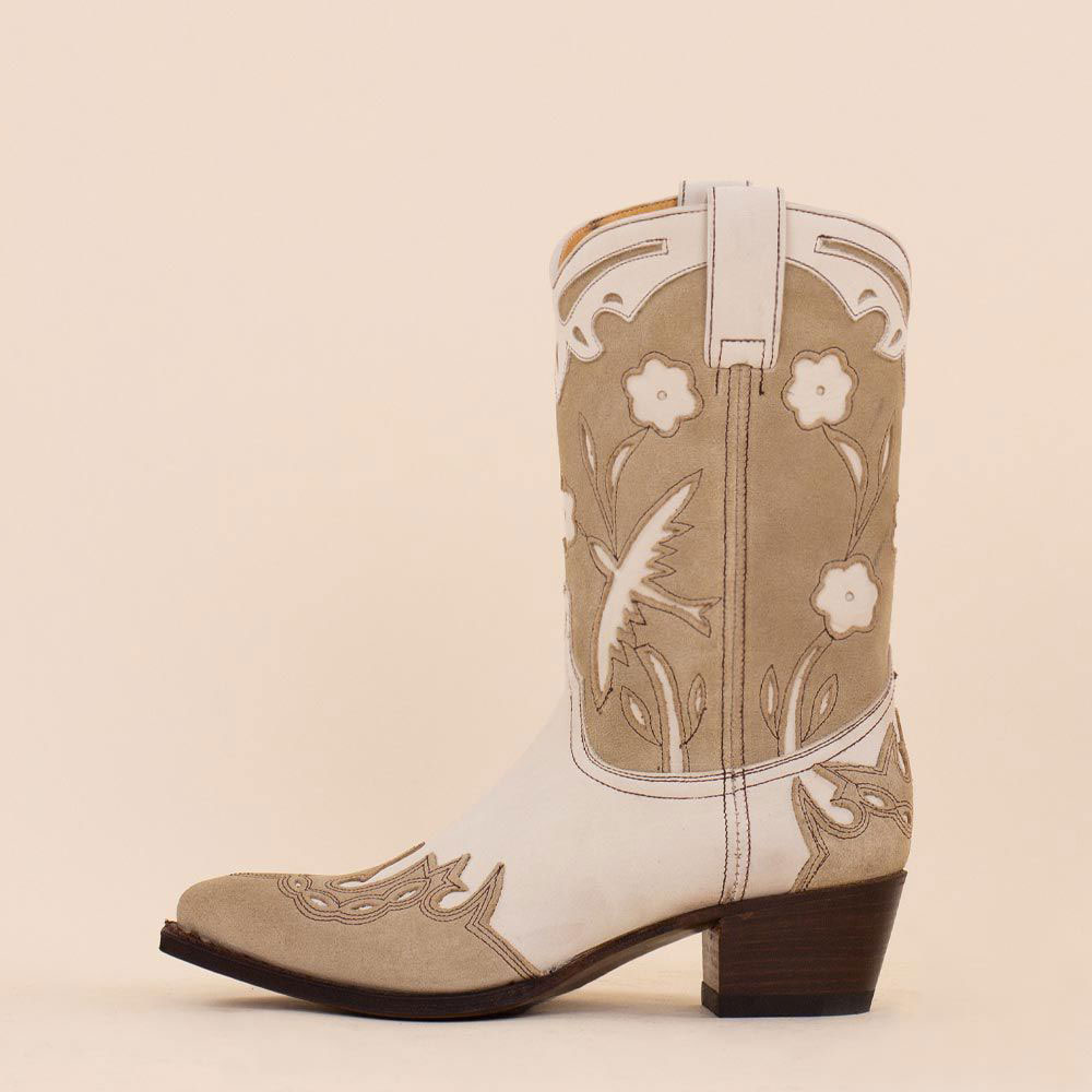 Beige & White Floral Embroidery Mid-Calf Chunky Heel Cowgirl Boots