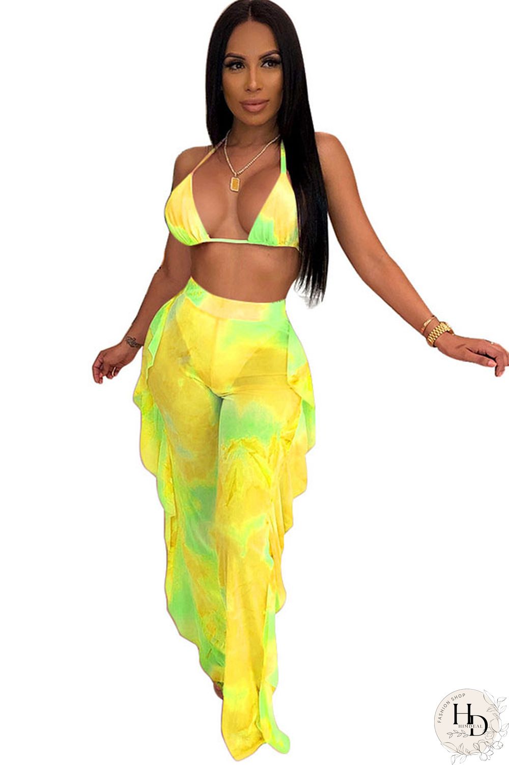 Army Green Sexy Fashion Stringy selvedge Print Tie Dye Patchwork Loose Sleeveless