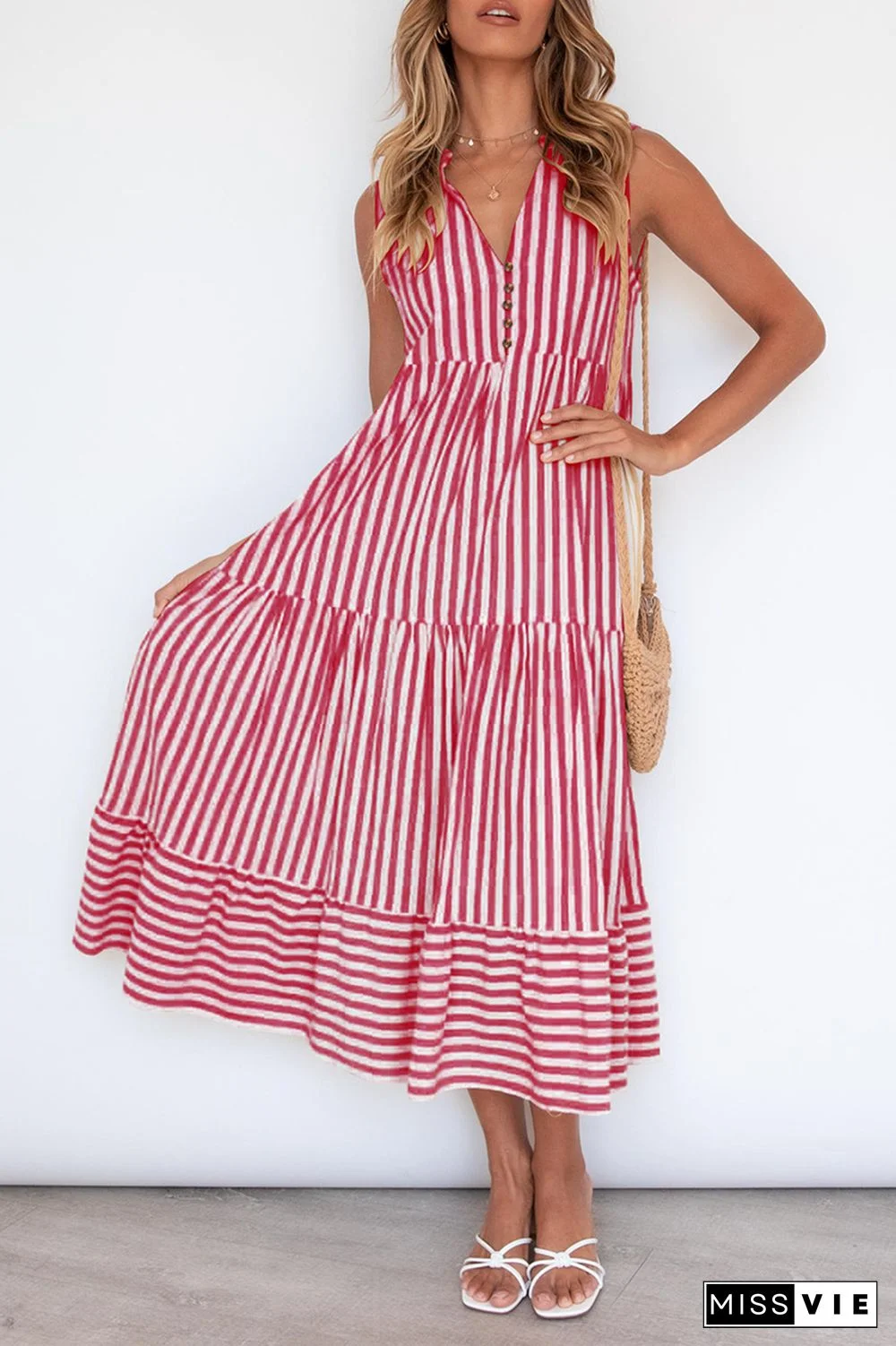 Casual Elegant Striped Flounce Without Belt V Neck A Line Dresses