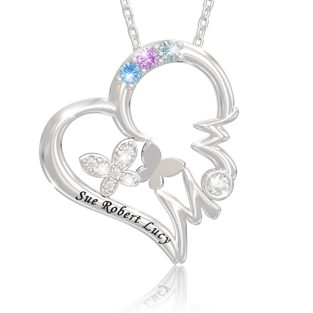 Custom Name Birthstone MOM Heart Shape Butterfly Necklace
