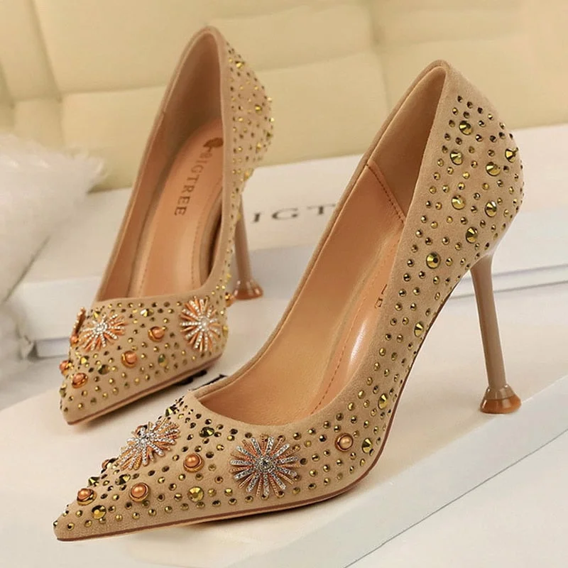 BIGTREE Shoes Rhinestone Women Pumps Sexy Party Shoes High Heels Wedding Shoes Plus Size 43 Female Stiletto Suede Women Shoes