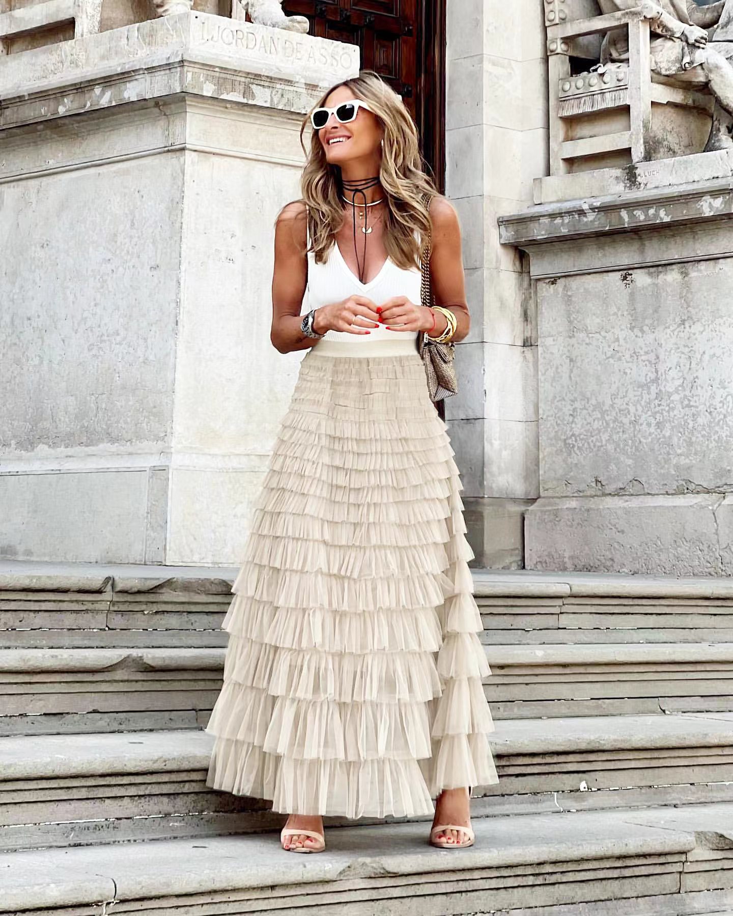 Mature Women Layered Ruffles Cake Skirt Summer Fashion A Line Swing Mesh Long Skirt Party Dress