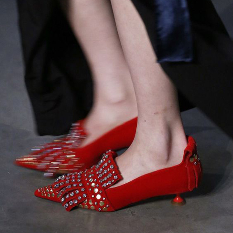GOOSHOE Red Velvet Pointy Toe Kitten Heel Wedding Pumps with Rhinestones