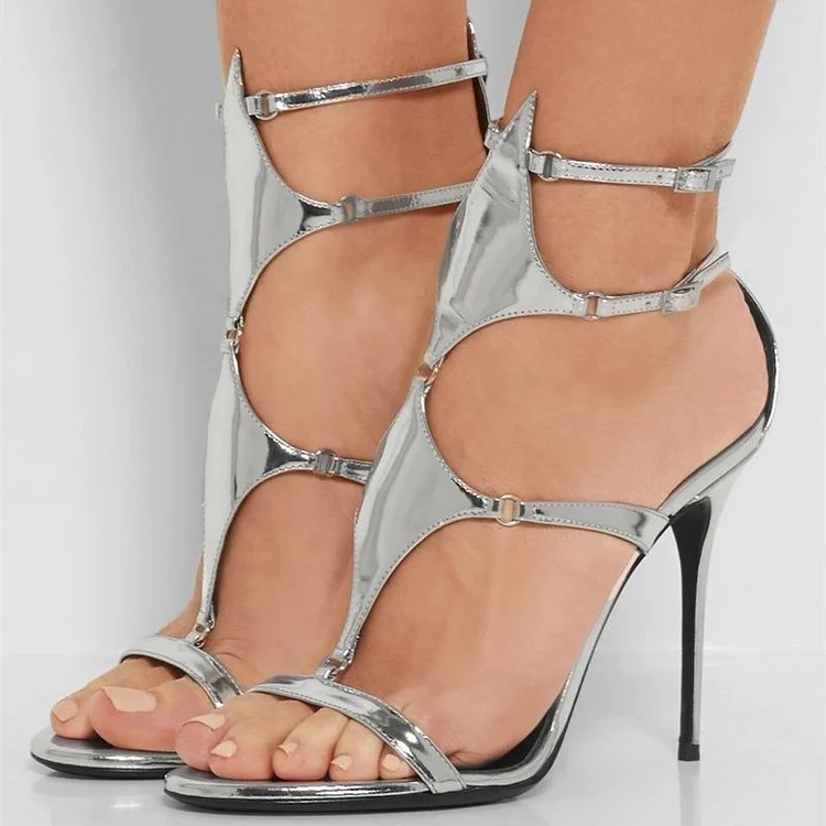 Silver Metallic Gladiator Stiletto Heel Sandals Vdcoo