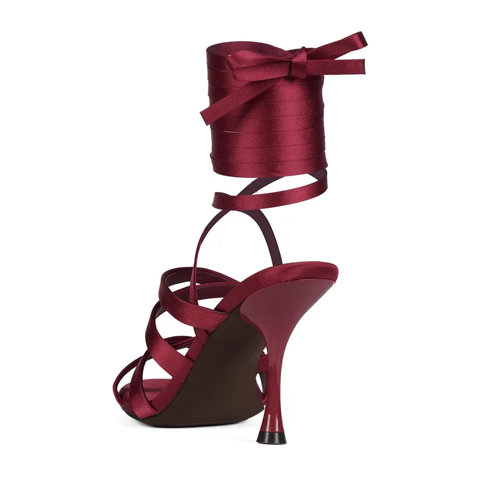 YDN Elegant Maroon Satin Open Toe Spool Heel Lace Up Sandals