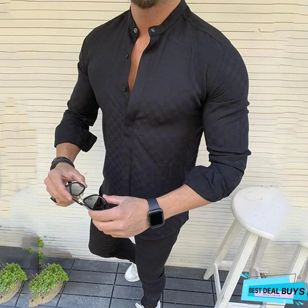 Leisure Solid Color Check Men's Long Sleeve Shirt