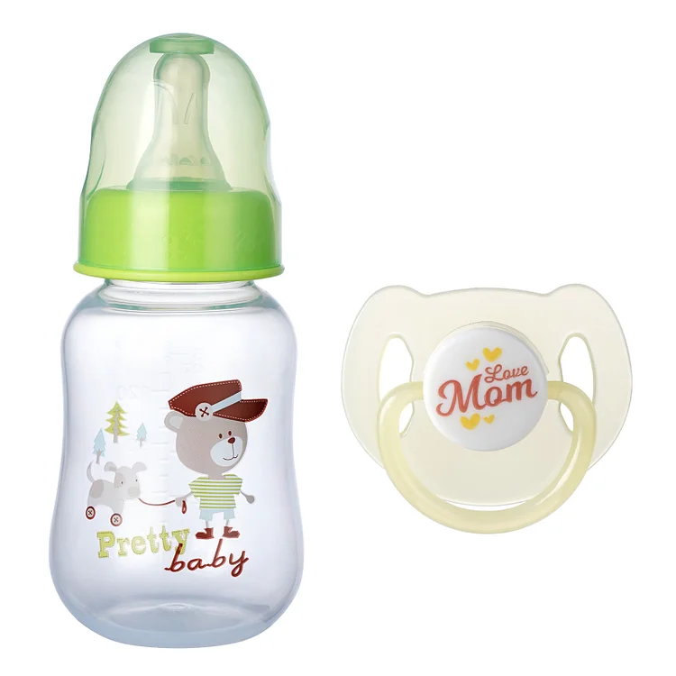 "Love Mom" Pacifier and Floral Bottle 2 Pieces Set Safe Reborn Baby Doll Accessories