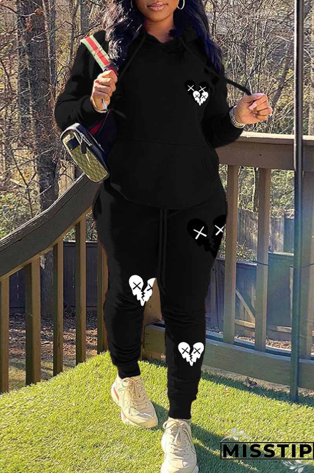Black Casual Print Patchwork Hooded Collar Long Sleeve Two Pieces