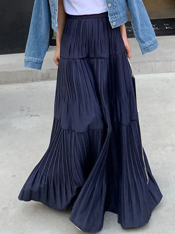 Split-Joint Solid Color Pleated Loose High Waisted Skirts Bottoms