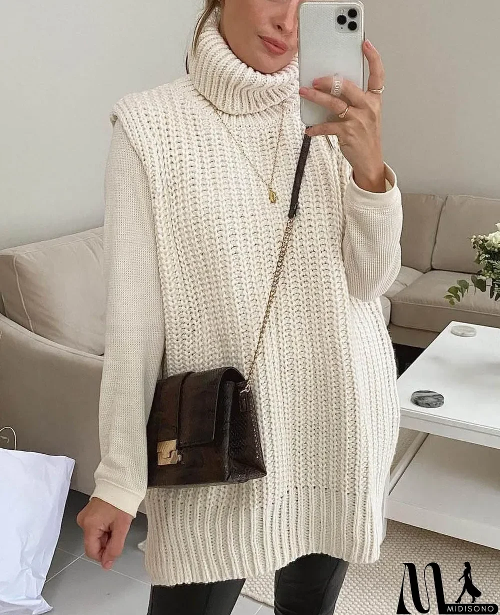 MidiSono - Winter Turndown Collar Sleeveless Long Loose Sweater