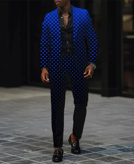 Okaywear Gradient Argyle Pattern Blazer & Pants 2Pcs Set 