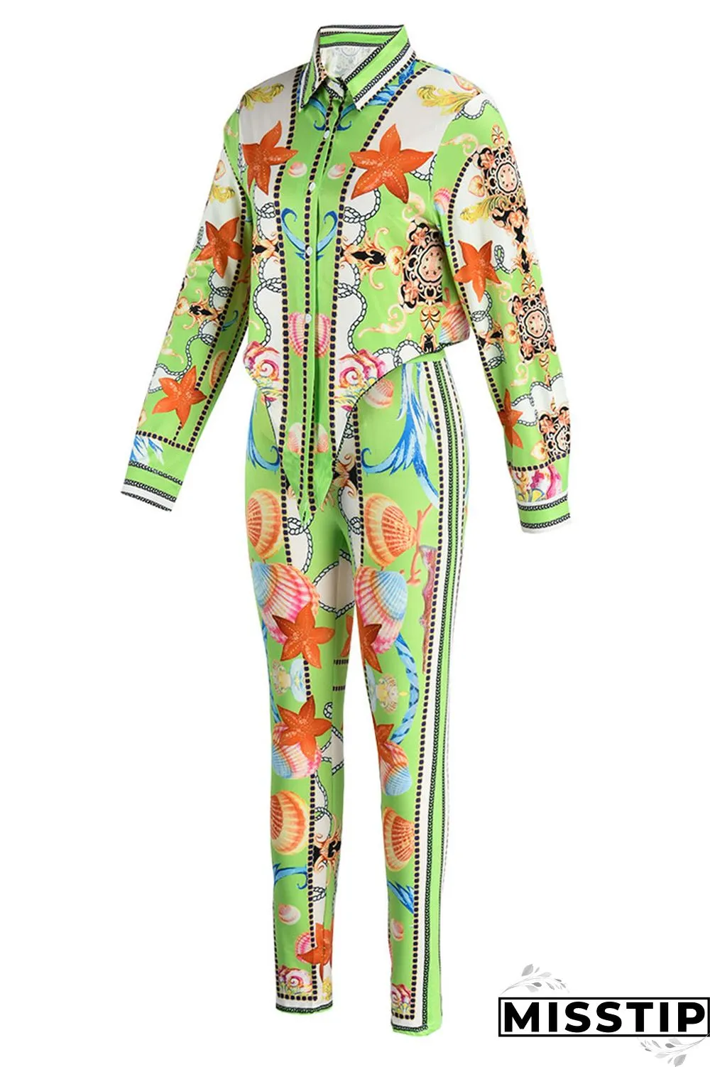 Purple Fashion Casual Print Basic Turndown Collar Long Sleeve Two Pieces