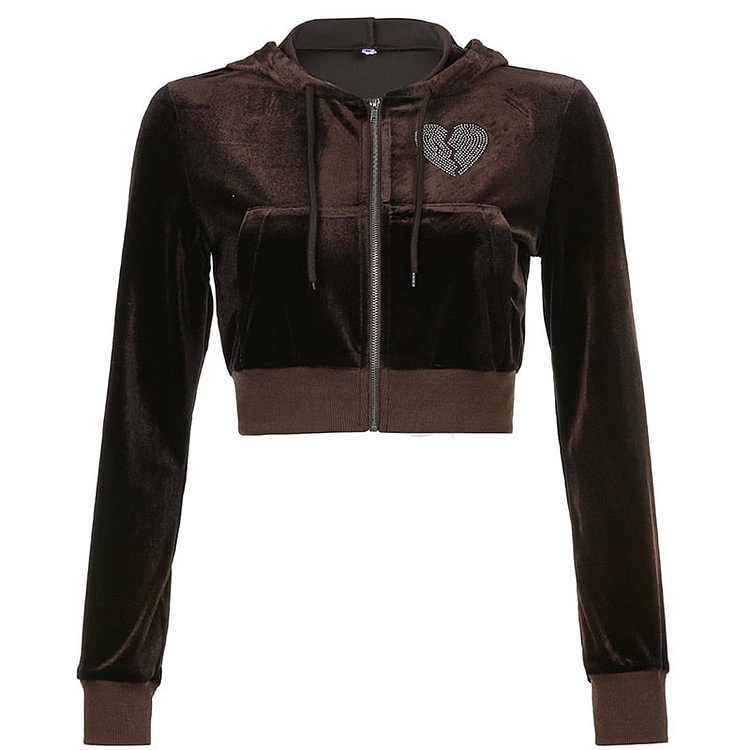 Sweetown Pink Sweet Velvet Y2K Hooded Jackets Diamond Heart Kawaii Hoodies Women Zip Up Long Sleeve Cropped Sweatshirts Autumn