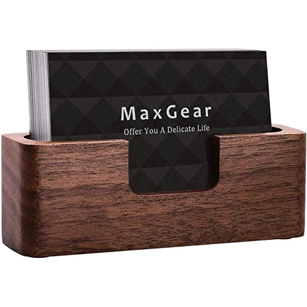 MaxGear® Trapezoid Open Display for Desk Office Tabletop - Rectangle with Open Design Walnut Wood Business Card Holder Stand