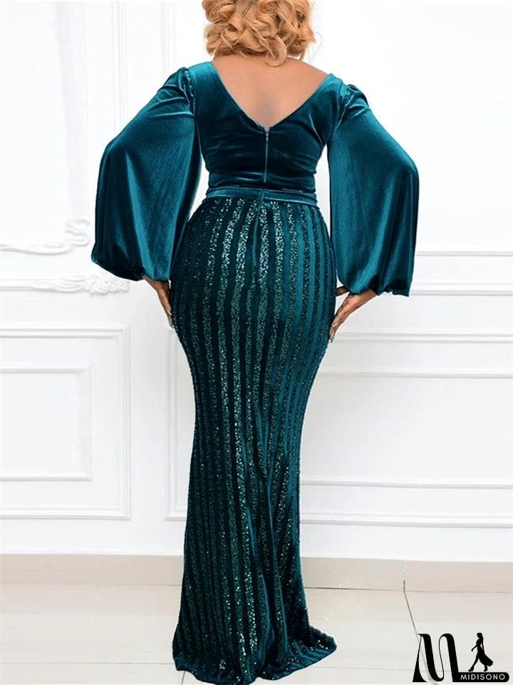 MidiSono - High Waist Slit Puff Sleeve Sequined Evening Dresses