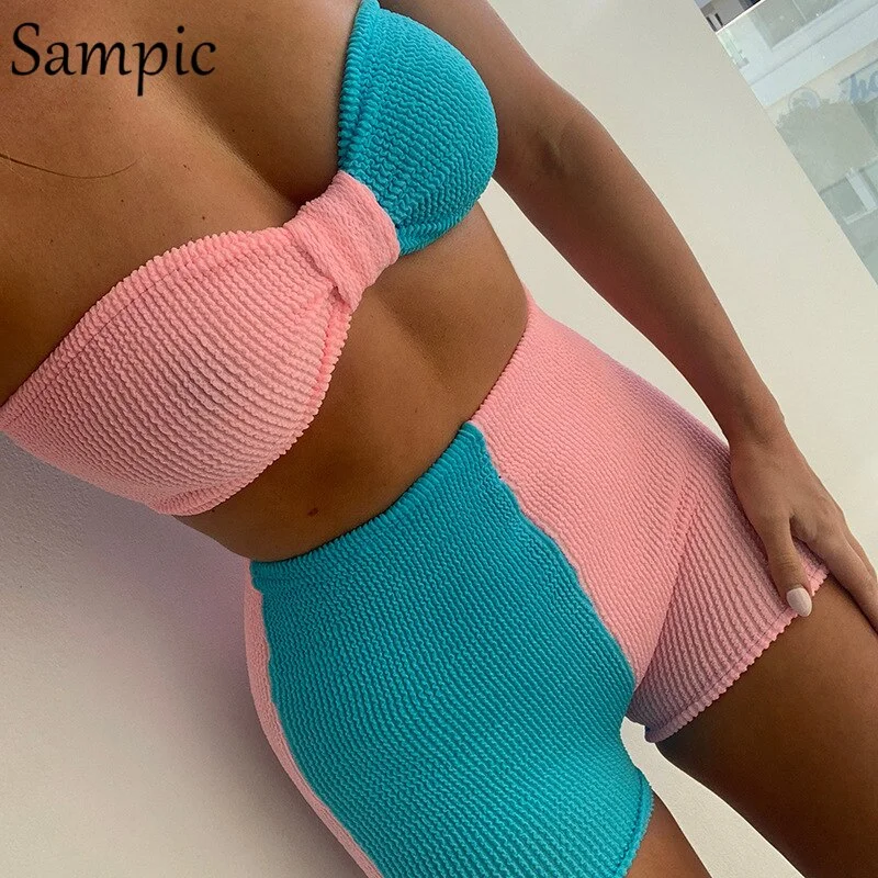 Sampic Casual Two Piece Set Streetwear Women Patchwork ANT Fabric Wrapped Chest Tops And Mini Shorts Outfits Summer Tracksuit