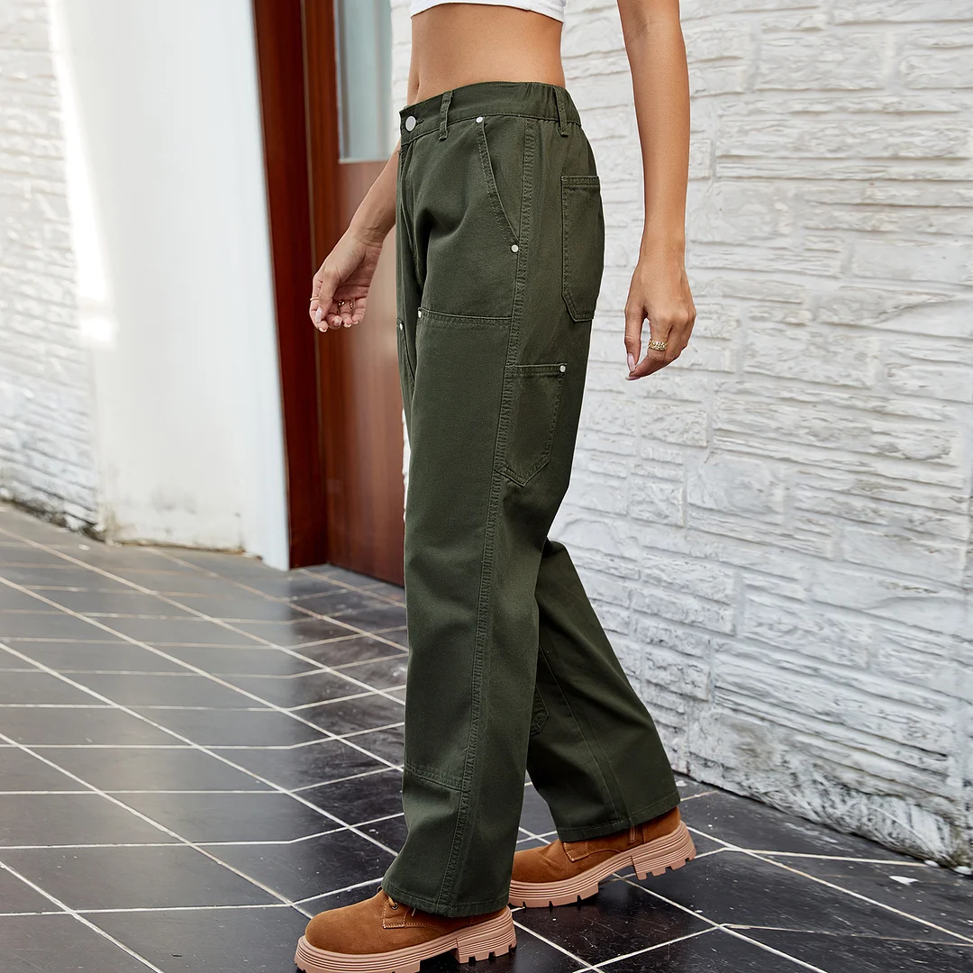 Women's New Mid Waist Denim Workwear Pants Cargo Pocket Jeans
