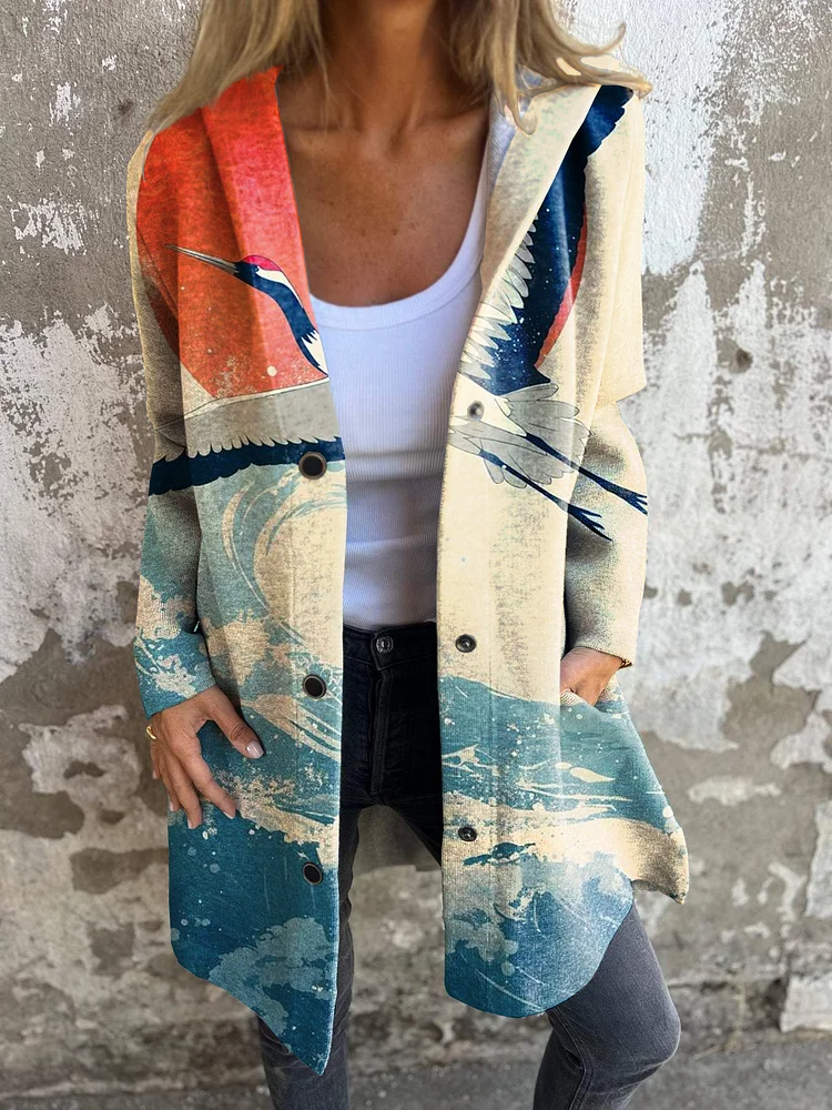 Japanese Style Crane and Sun Floral Print Long Sleeve Hooded Jacket