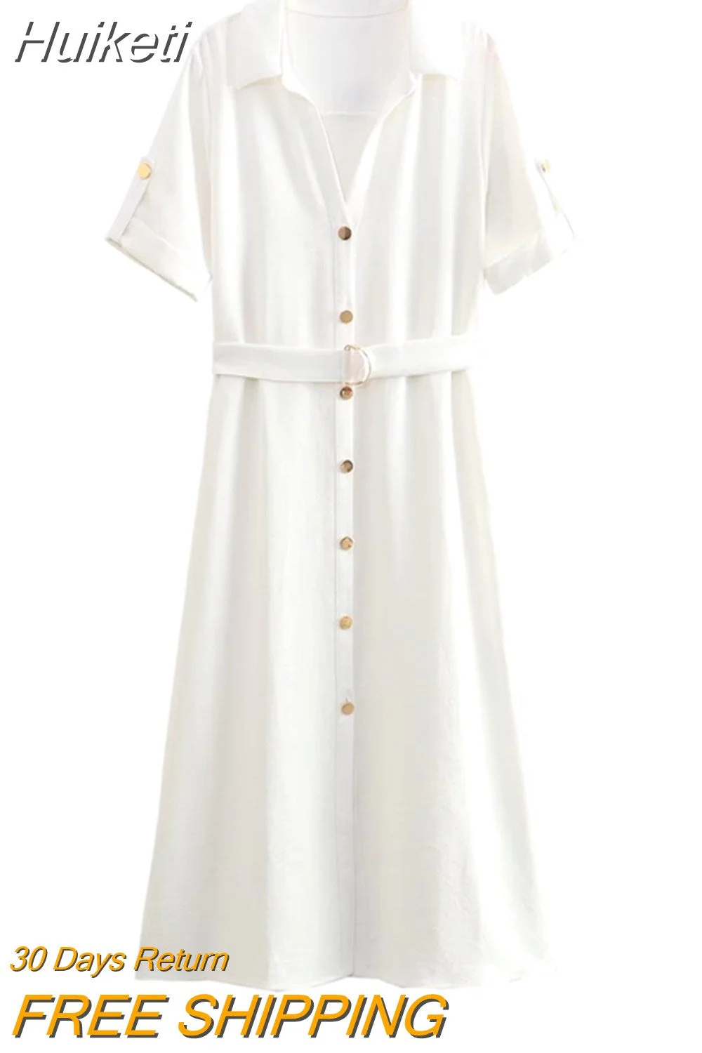 Huiketi Women New Fashion Elegant Casual Belt Short Sleeve Single-Breasted Turn Down Slim Dress Woman Preppy Sweet White Dress