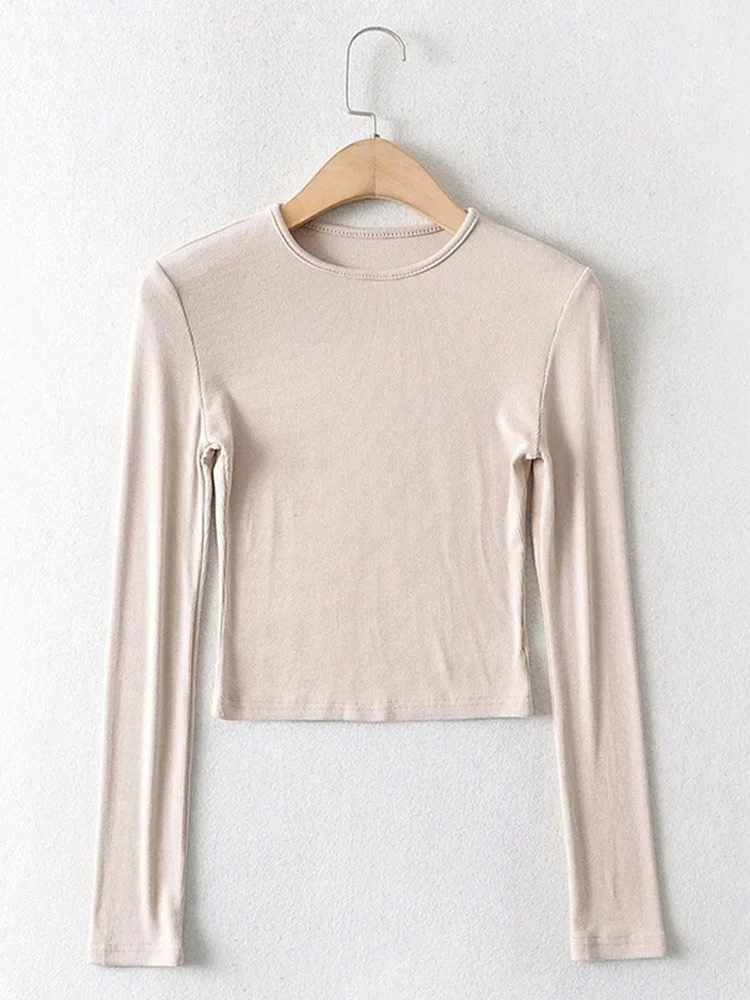 2023 Women Clothing Elastic Cotton Crop Tops Casual Solid O-neck Long-sleeve T-shirt