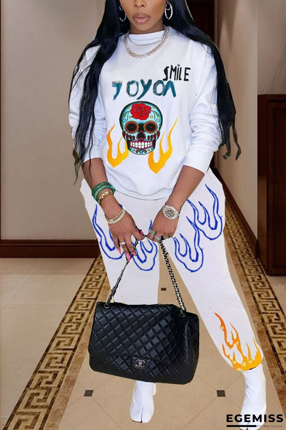 White Fashion Sportswear Adult Blaze Skull Head Print Patchwork O Neck Long Sleeve Regular Sleeve Regular Two Pieces | EGEMISS