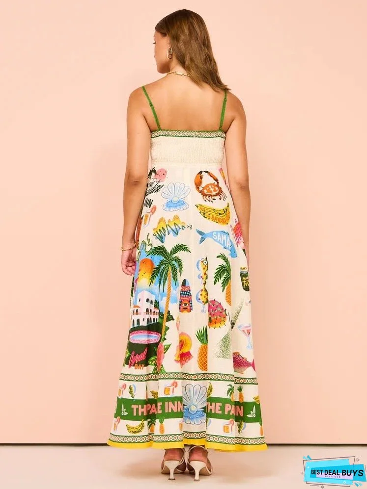 Women Suspender Graffiti Cotton and Linen Print Maxi Dress