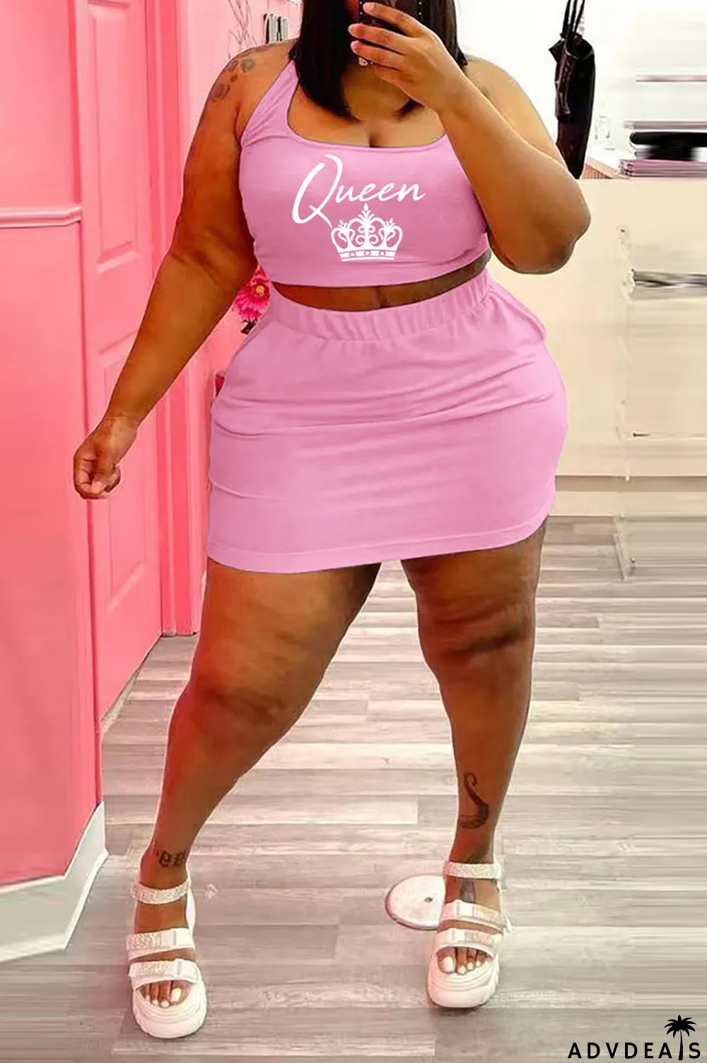 Blue Casual Print Split Joint U Neck Sleeveless Two Pieces