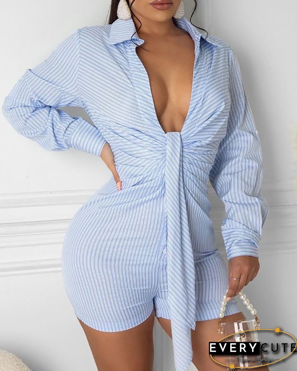 Tied Detail Ruched Plunge Romper